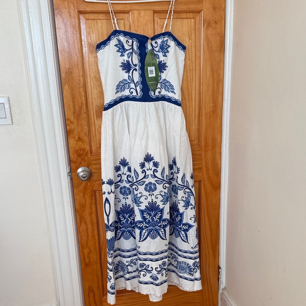 Farm Rio NWT White and Blue Embroidered Maxi Dress